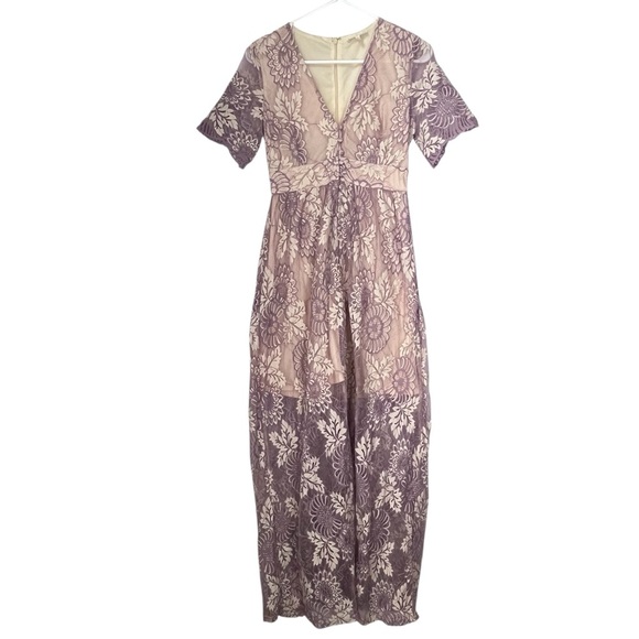 Promesa Lavender Floral Lace Mesh Overlay V-Neck Maxi Dress Size Small - Picture 1 of 12